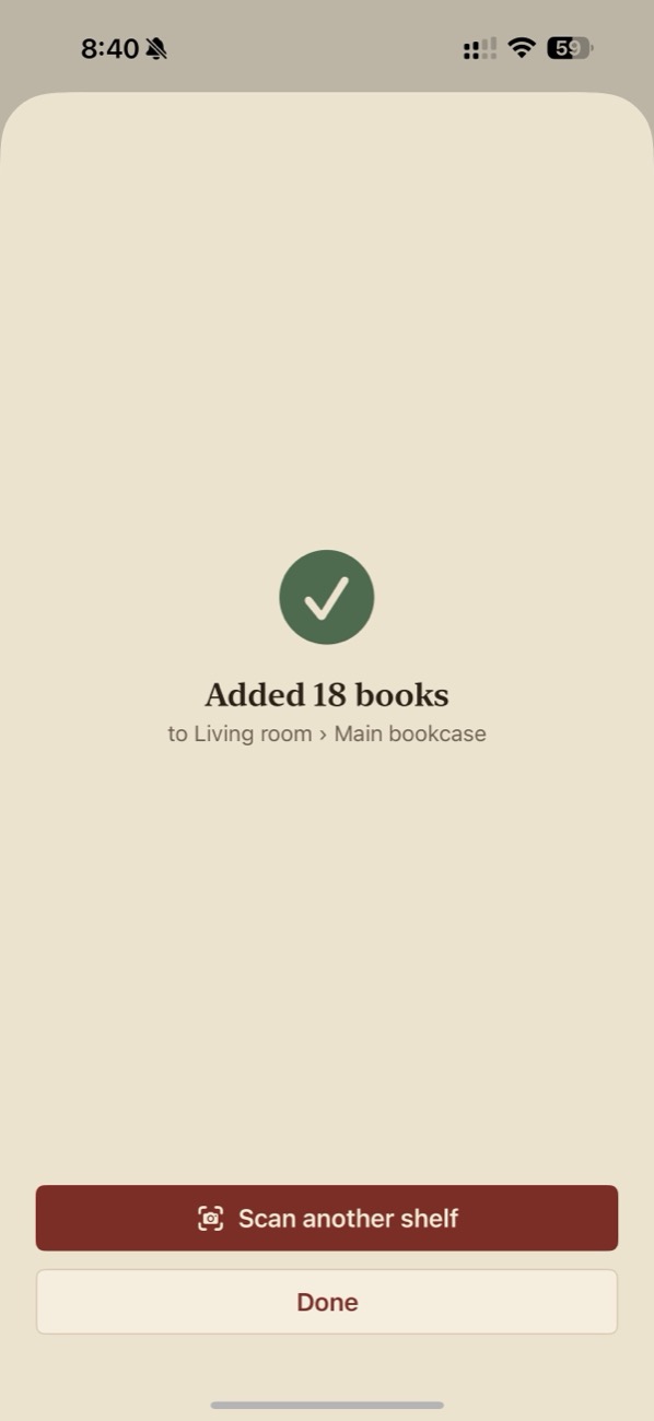 Added 18 books to Living room, Main bookcase — confirmation screen